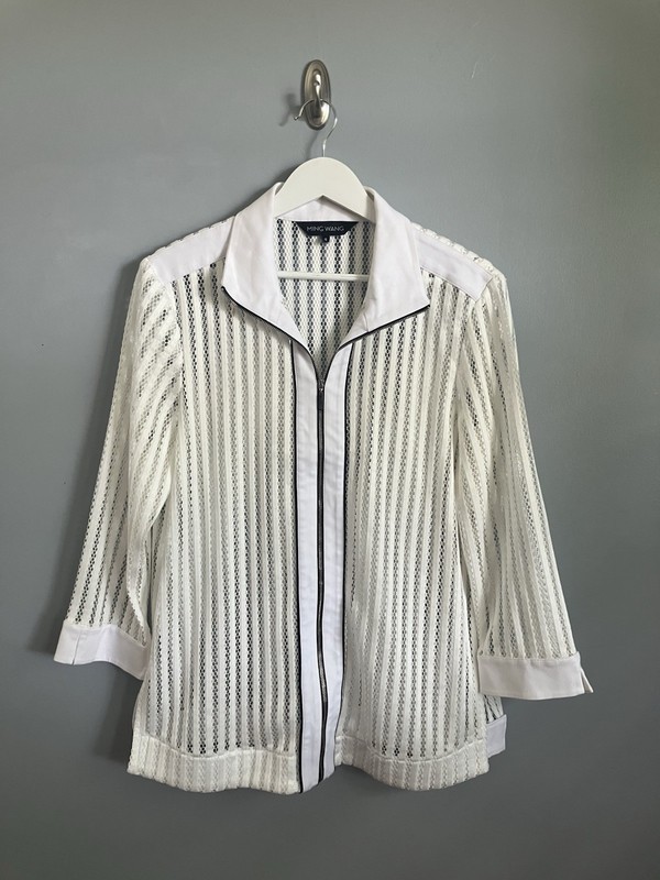 Ming Wang Top Semi Sheer Collar Zip White Womens Size Small S Cotton Blend