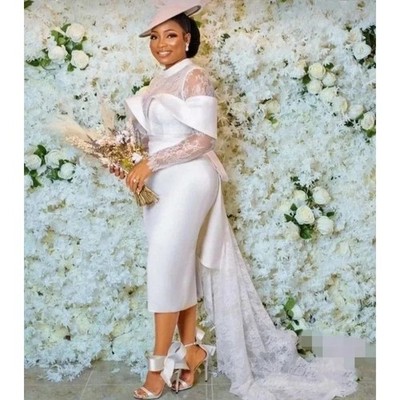 Elegant White Short WeddingDresses Sheath Lace Long Sleeves Tea Length SatinGown | eBay Elegant White Short WeddingDresses Sheath Lace Long Sleeves Tea Length SatinGown | eBay