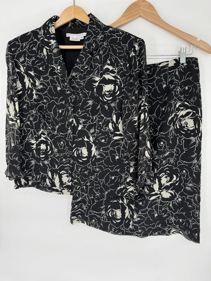Conjunto de 2 falda/traje Maggy London de colección 100 % seda talla 10 negro floral forrado carrera Foto 2 de 4