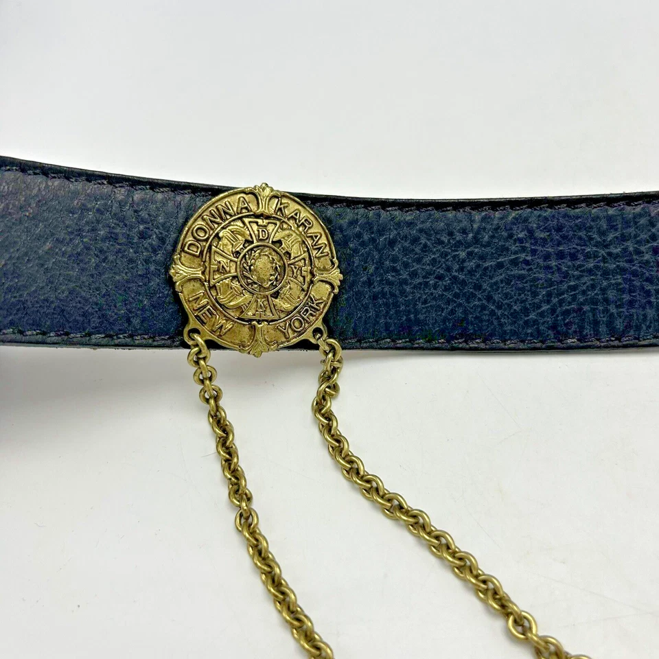 Vintage Belt Womens Small Donna Karan DKNY Black Leather Chain Statement USA 80s - Image 2 of 4