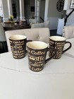 3 Coffee Mugs Cups Brown & Cream Stoneware Fun Coffee Themed Wording — photo 1