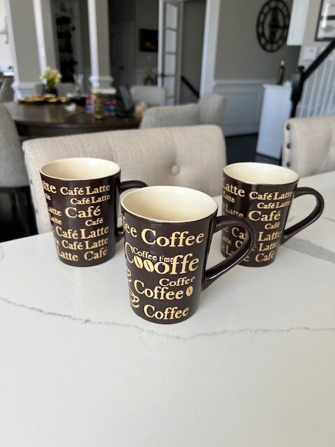 3 Coffee Mugs Cups Brown & Cream Stoneware Fun Coffee Themed Wording