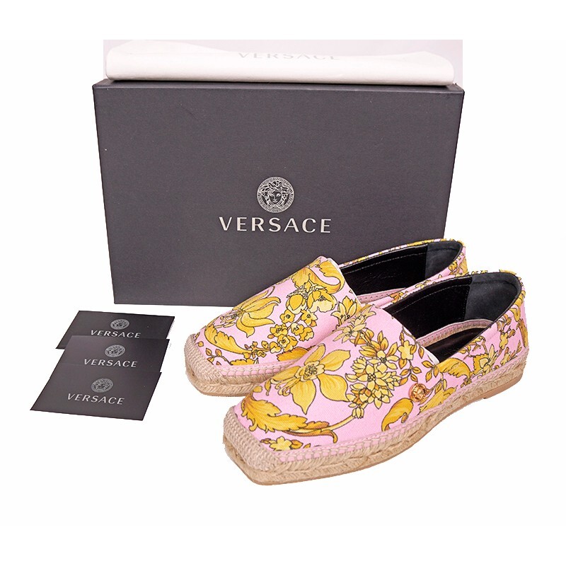VERSACE♪セール♪ESPADRILLES 37 NEW $550 VERSACE Pink Yellow BAROCCO FLORAL LOGO