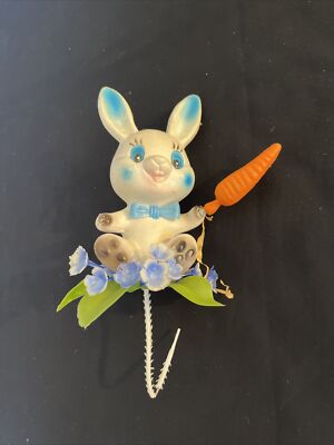 Vintage 6  Rabbit With Carrot Flower Stick Figure