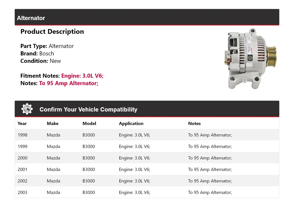 For 1998-2003 Mazda B3000 3.0L V6 Bosch Alternator (New) 1999 2000 2001 2002 - Image 2 of 4