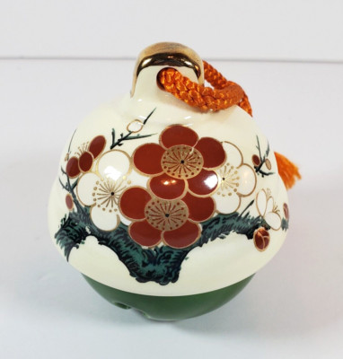 VTG Japanese Clay Bell Kutani Ware Izumi Gold Trim Plum Blossom Orange Rope 3''H