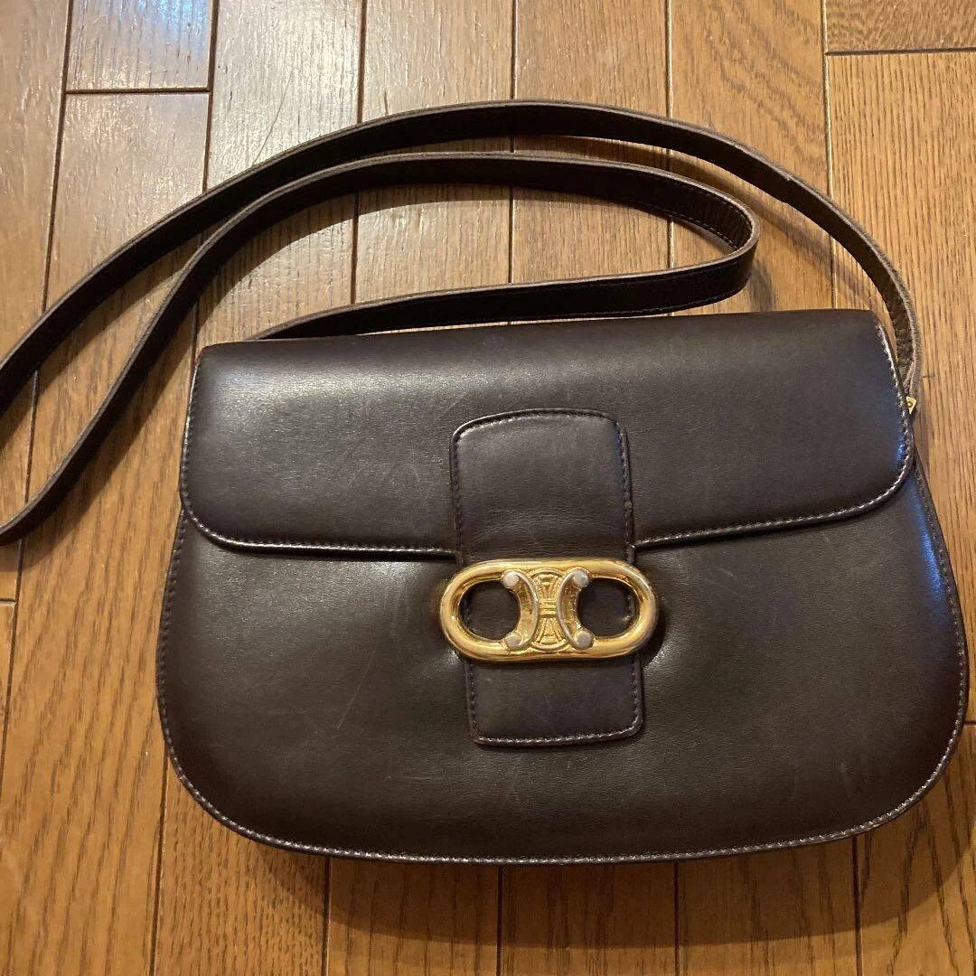 Old Celine Shoulder Bag Vintage Gold Buckle Used From Japan