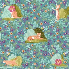 Feline Drive Fabric CURIOUS GARDEN Curiosity Blooms Light Teal Sold by the Yard