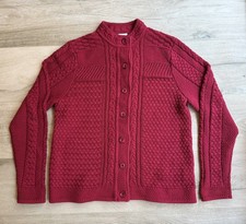 Vintage L.L Bean Womens Cable Knit Cardigan Winter Burgundy 100 Cotton Size L