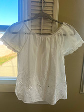 Women s White Eyelet Lace Trim Off Shoulder Short Sleeve Peasant Blouse SZ S NEW