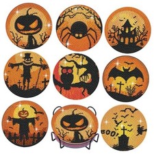8 PCS Halloween Diamond Art Coasters Set with Holder 4 in AA halloween