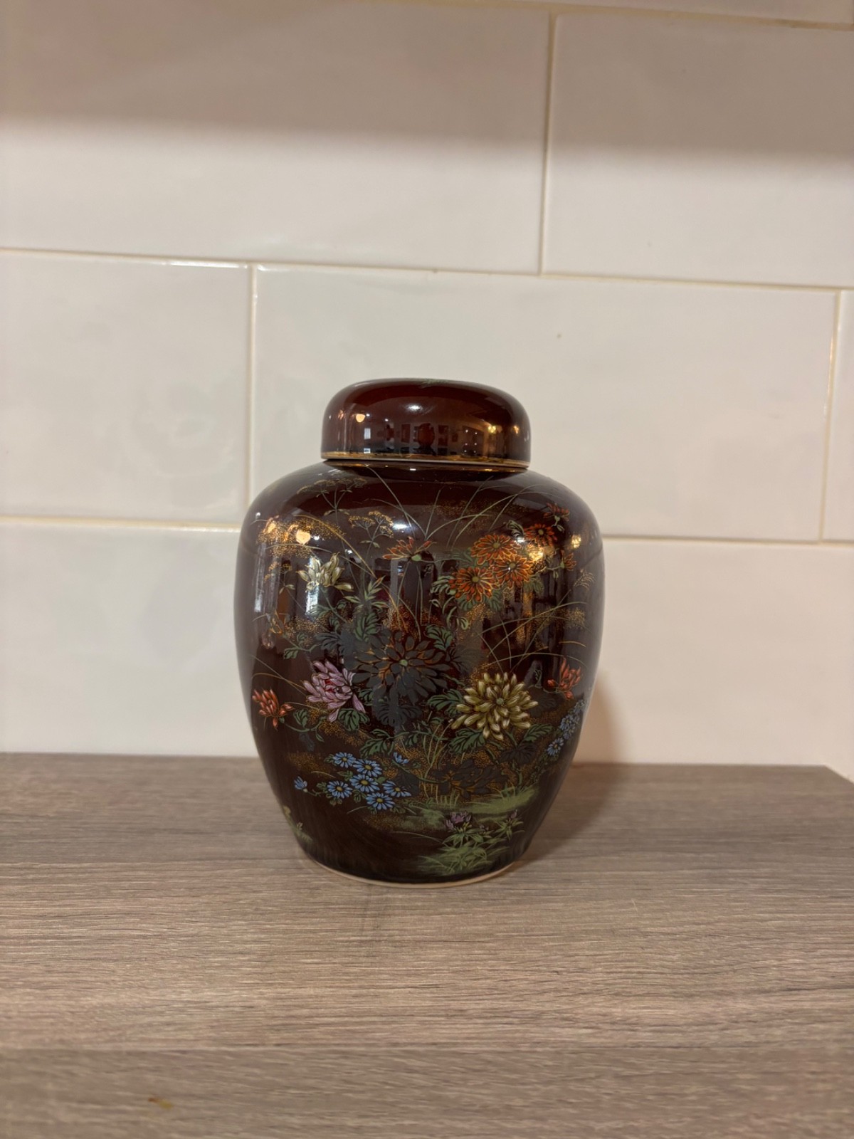 Vintage Brown Floral Ceramic Ginger Jar – Earthy Boho Chinoiserie Decor