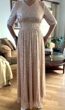 Women s Sequined Formal Evening Gown Champagne Long V Neck Short Sleeve Dress