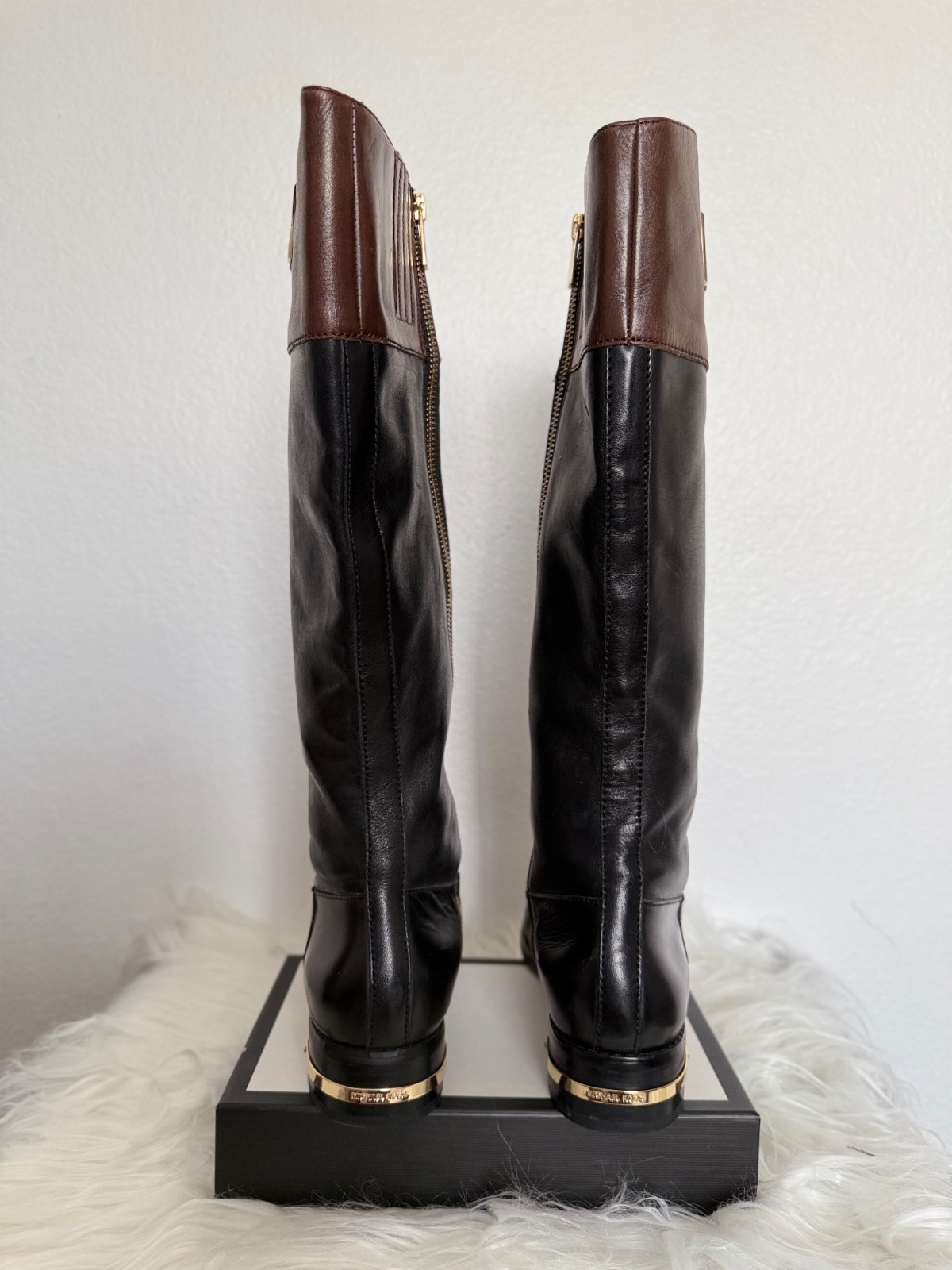 women's Michael Kors Hayley two-toned black and brown leather riding boots thumbnail 8