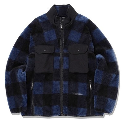 And Wander Check Boa Jacket Blue