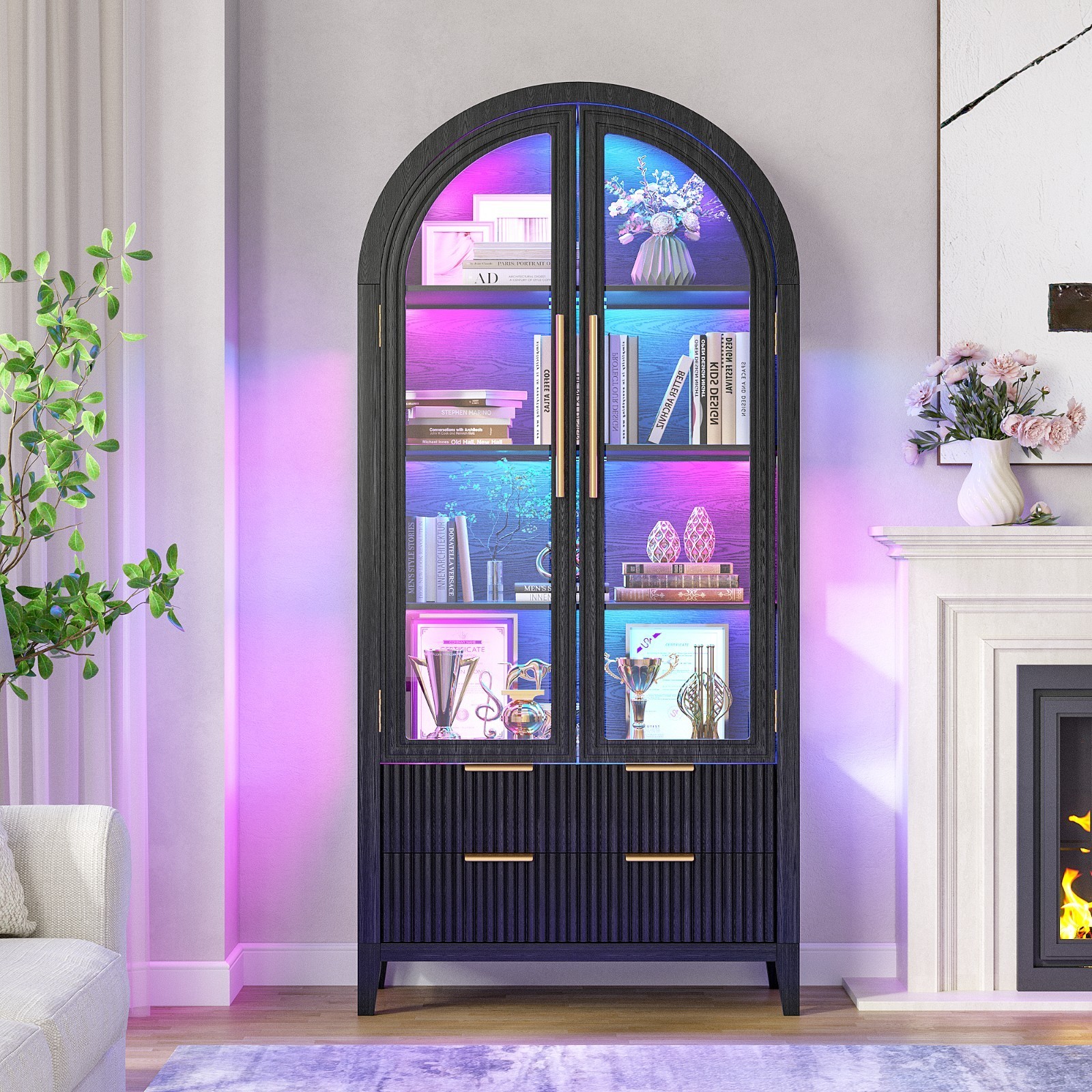 Gurexl 71" Arched RGB Display Cabinet with Glass Doors- 4-Shelves & 2 Drawers