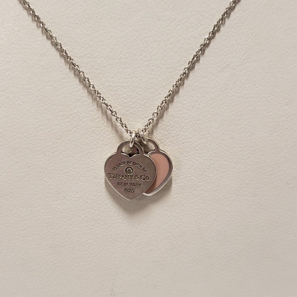 Tiffany & Co. Sterling Silver Diamond Pink Enamel Double Heart