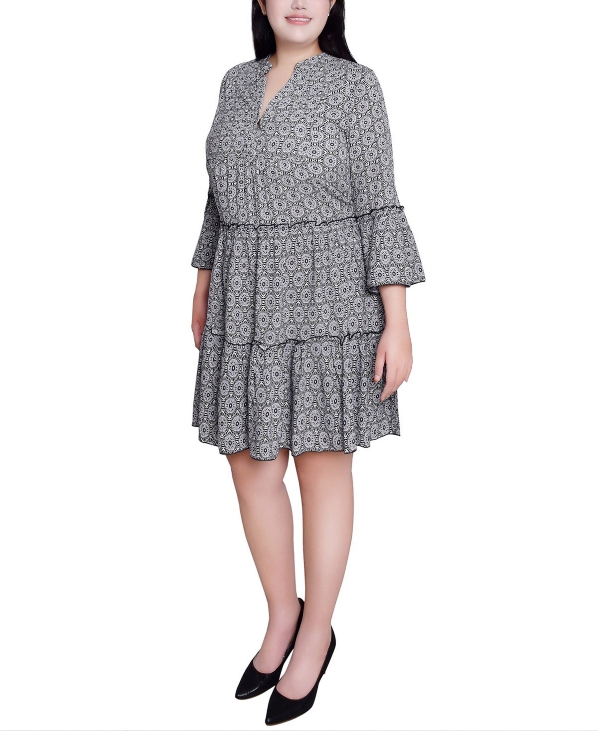 NY Collection Plus Size 3X 3/4 Sleeve Tiered Dress Black Gray MSRP $60