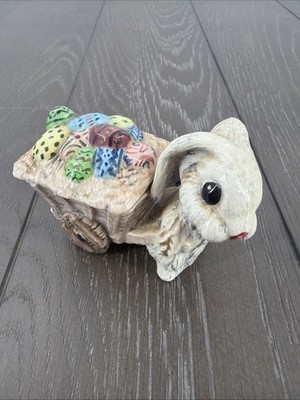 Vintage Small Easter Bunny Pulling Cart Of Easter Eggs, Ceramic Trinket Box