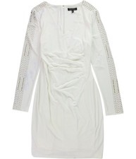 GUESS Womens Studded Ruched Sheath Dress, white, 12