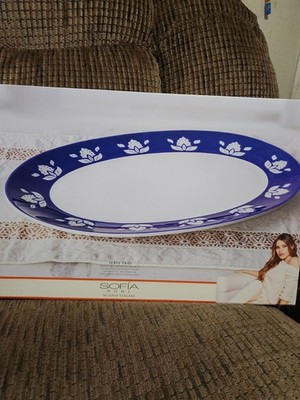 Sofia Vergara Indigo Serve Tray Stoneware Large 16x11in Blue Flowers