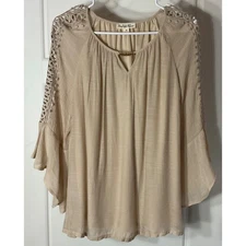 Indigo Rose Beige Crochet Bell Sleeve Lined Boho Peasant Cottage Hippy Tunic M