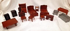 Antique Strombecker Stamped Wood Mahogany Dollhouse Furniture Lot (15 Pc) 1930s