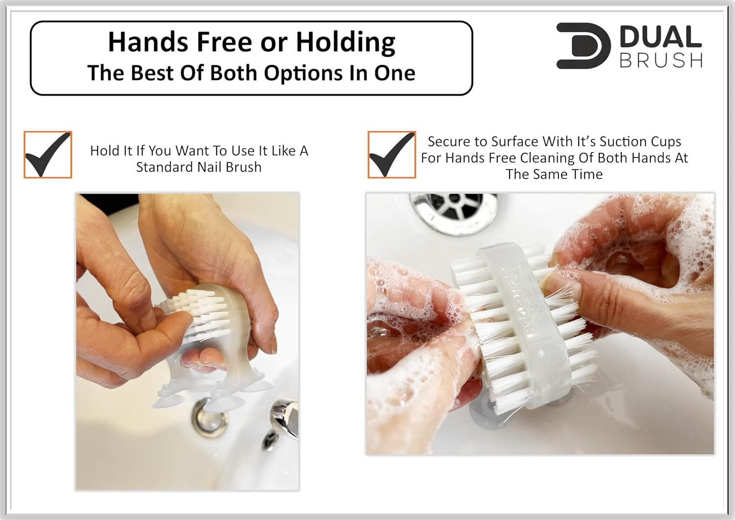 Dual Brush Nail Brush - Hands Free Fingernails Cleaning - Scrub Both Hands At T view 2