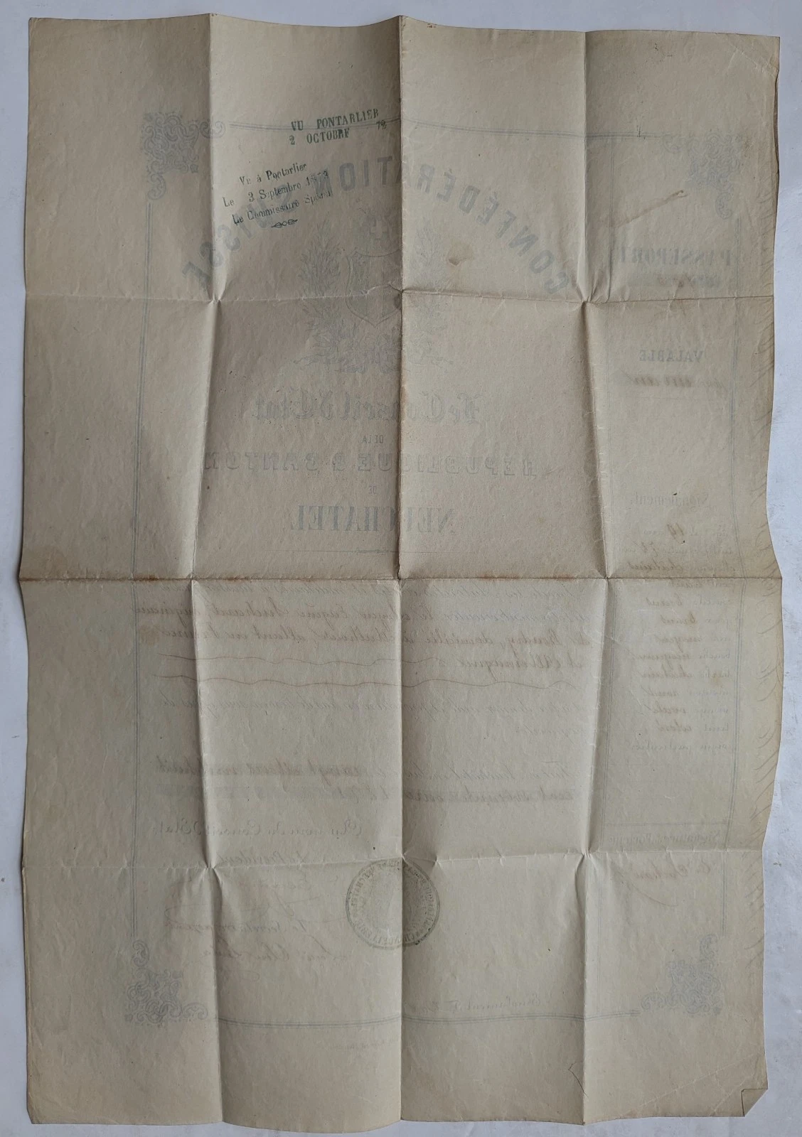 Passeport Confédération SUISSE, Conseil d'État République de NEUFCHATEL 1871 - Foto 2 di 2