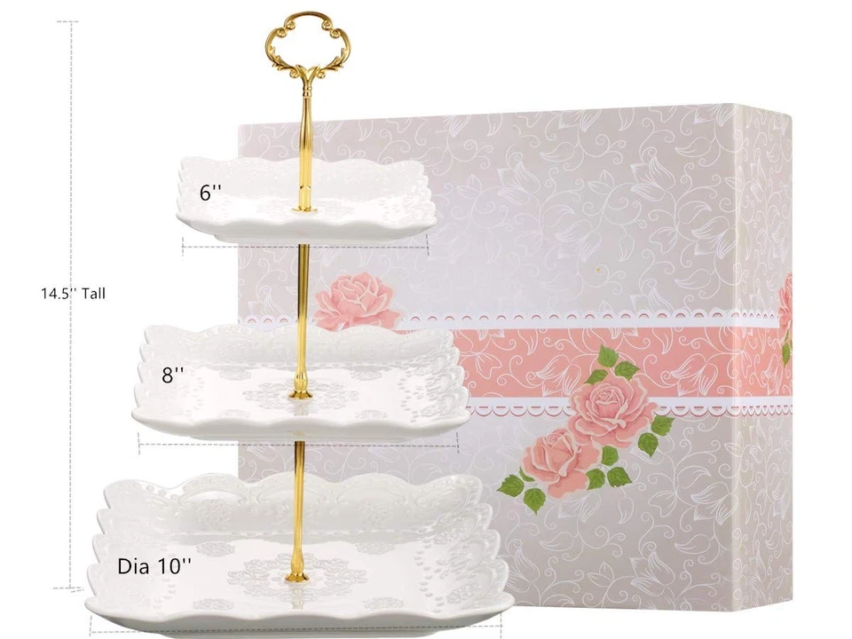 Soporte para Cupcakes de Porcelana de 3 Niveles, Soporte para Servir Pasteles en Niveles, Grabados Cuadrados Blancos... Foto 3 de 4