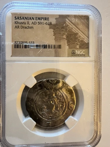 Sasanian Empire Khusru II AD 591-628 AR Drachm NGC —- Ancient Piece Authentic
