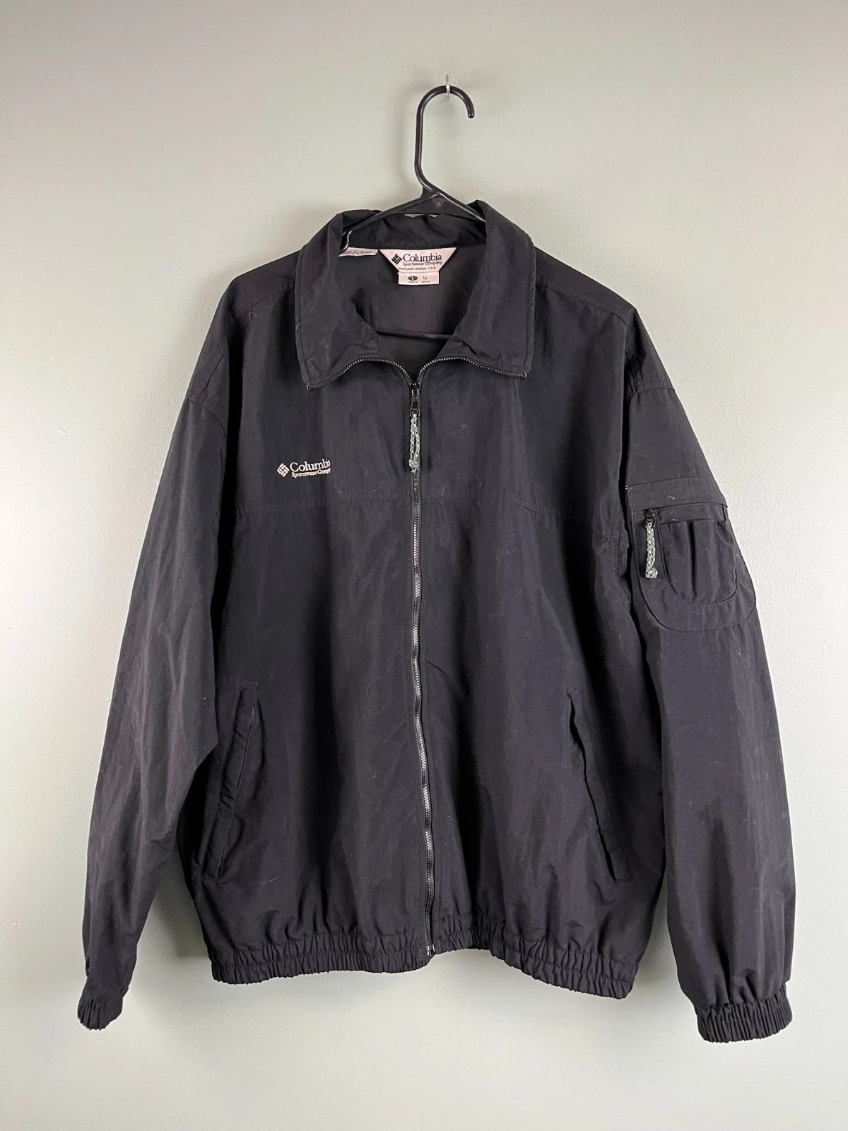 Columbia Black Windbreaker Jacket Mens LG Full Zip Lightweight Arm Pocket Nylon