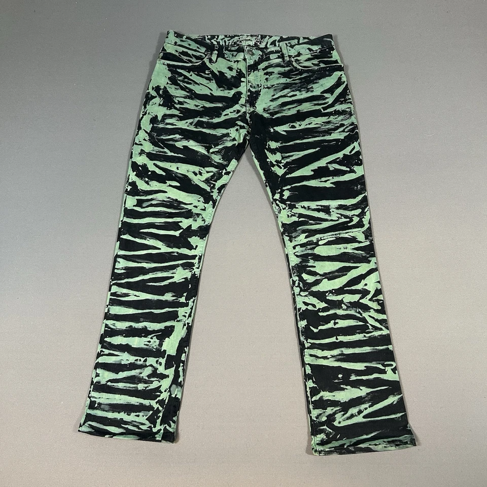 Jean Robins Para Hombre 36 Recto Verde Negro Elástico Denim Solapa Larga Tachonado 36x31 Foto 2 de 4