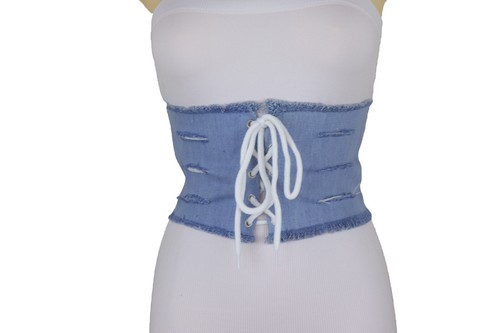 Women Wide Corset Light Blue Denim Fabric Junior Style Teen Belt Size S M - Picture 12 of 23