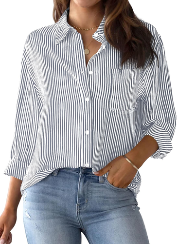 Womens Button down Shirts Striped Classic Long Sleeve Collared Office Work Blous