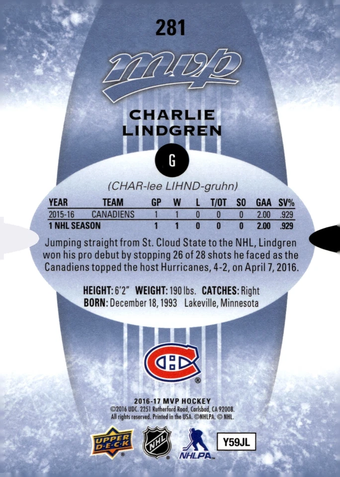 Charlie Lindgren - Signed 2016-17 Upper Deck MVP Rookie Card #281 - Image 2 of 2