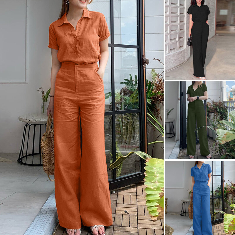 2PCS Women V Neck Short Sleeve Tops Shirt Wide Leg Long Pants