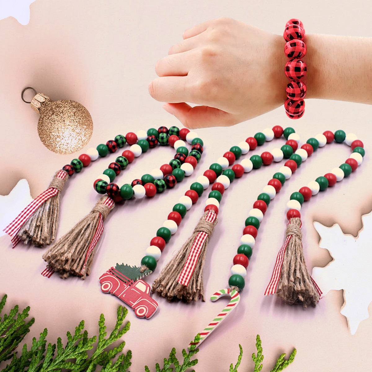 200 Pcs Christmas Wooden Beads - Buffalo Plaid & Solid Colors For DIY Crafts, Garland, Decor - View #11