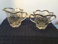 Vintage Glass Silver Overlay Flowers Creamer Cream and Sugar Set 