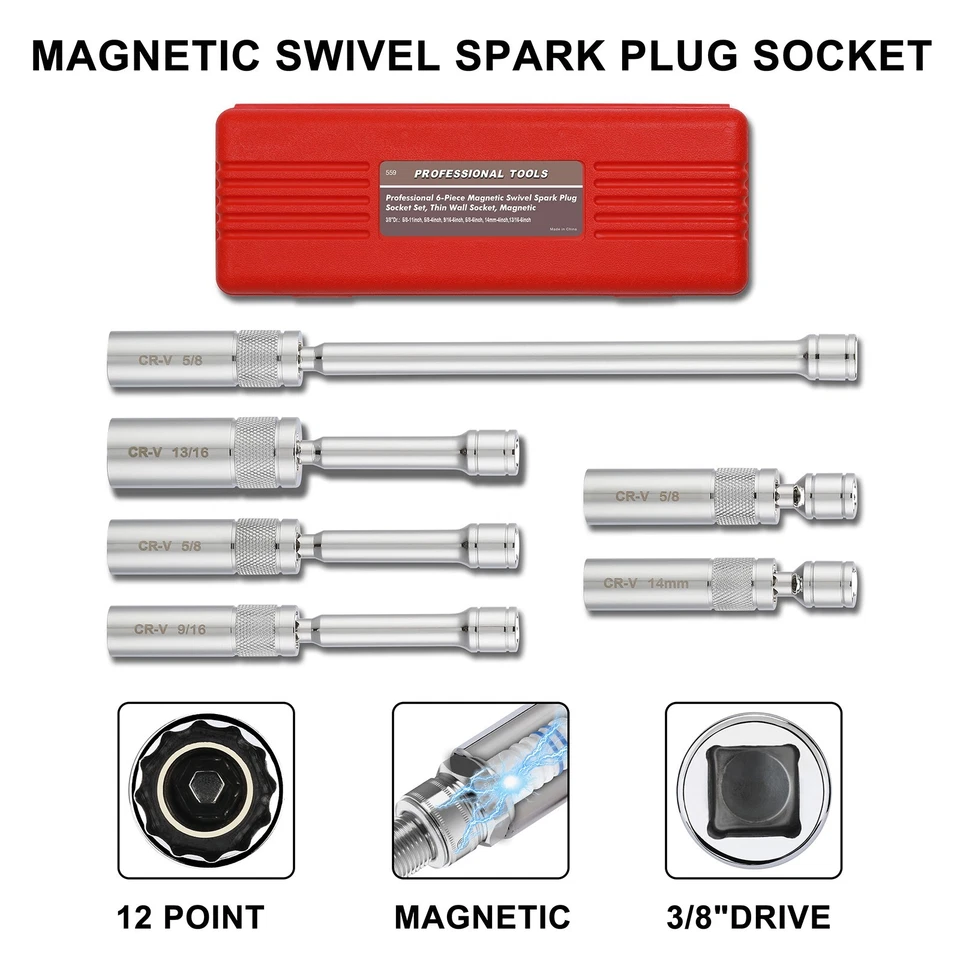 6PC 3/8"Dr. Magnetic Swivel Spark Plug Socket Set Include 9/16" 5/8" 13/16" 14mm - Image 2 of 4