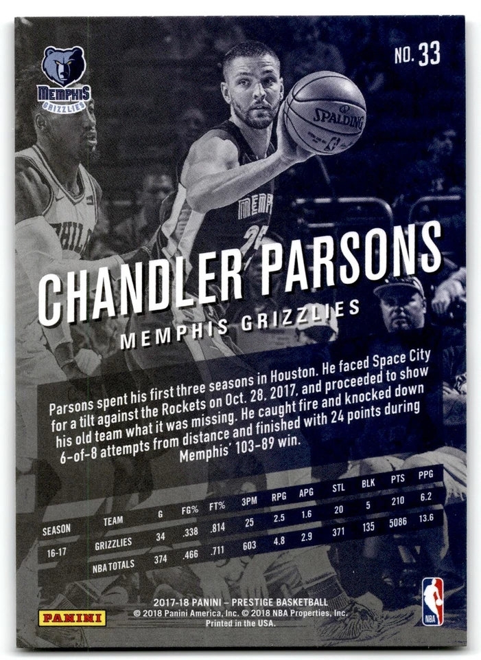 2017-18 Panini Prestige Chandler Parsons Memphis Grizzlies #33 - Image 2 of 2