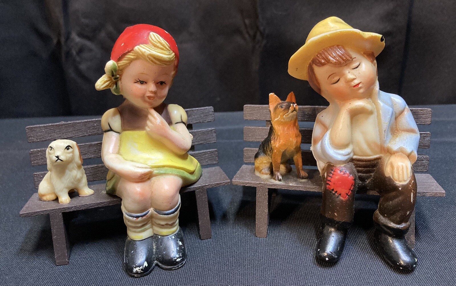 Girl w/Dog and Boy w/Dog Sitting on Bench Plastic 4.25” Set of 2
