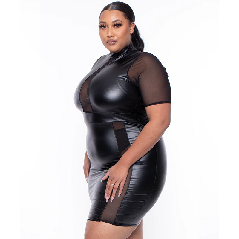 New Plus Size Women Short Sleeve Mesh Patchwork Casual Club Bodycon PU Dress  | eBay