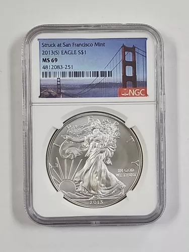 2013 (S) $1 AMERICAN SILVER EAGLE NGC MS69 STRUCK AT SAN FRANCISCO BRIDGE LABEL