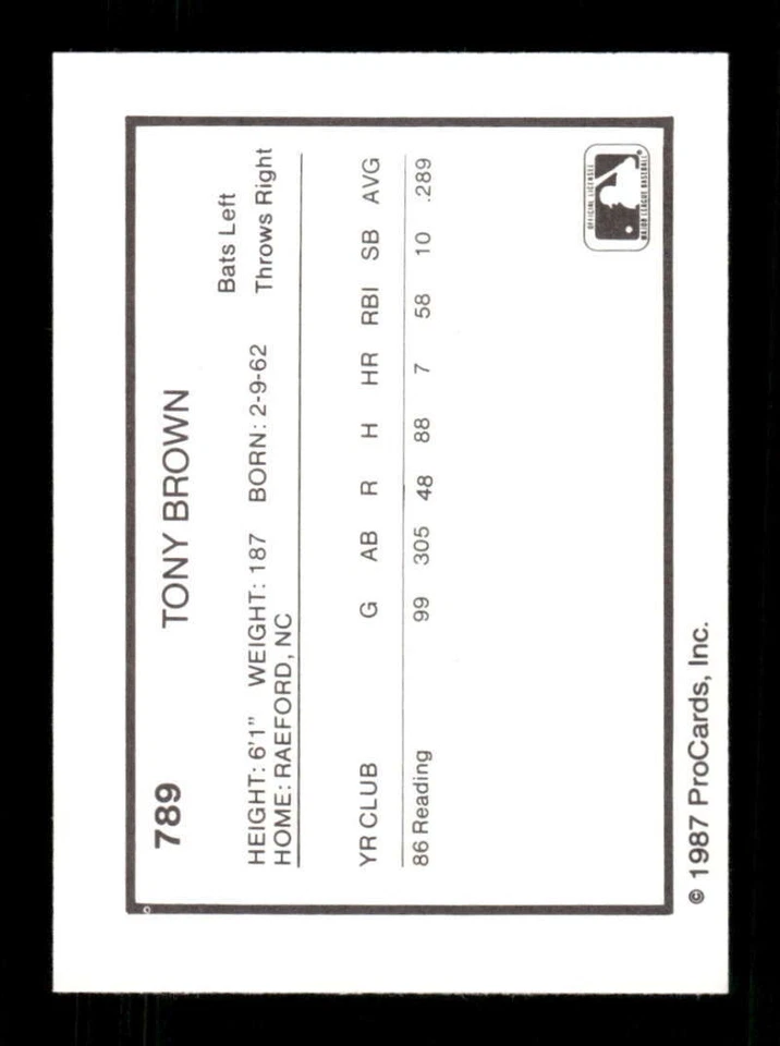 1987 ProCards Reading Phillies 789 Tony Brown BXCP30 - Image 2 of 2