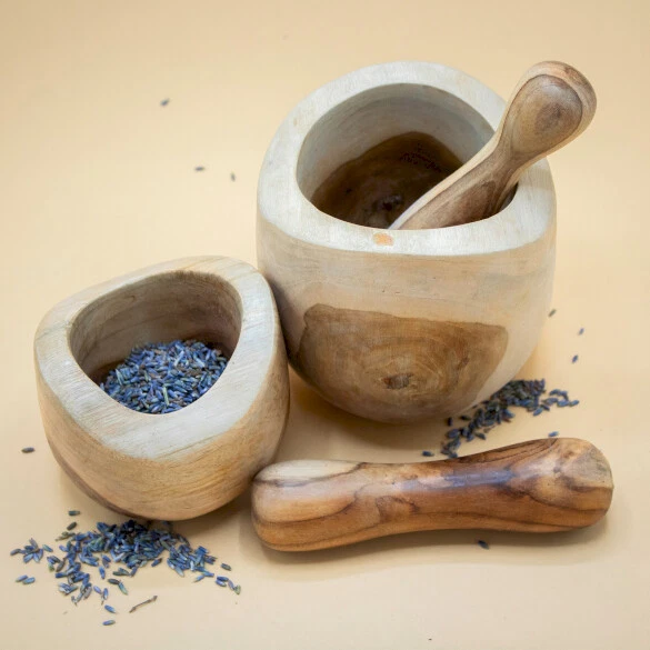 Ergo Teak Pestle & Mortar Set - Wooden Natural Curved Kitchen Spice Herb Grinder