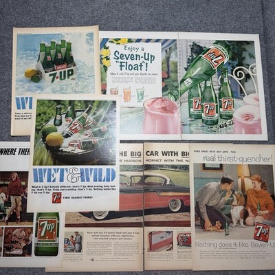 Large 1950s 7up Soda Pop Bottle Ad Lot Of (8pcs) Enjoy A Seven-Up - 14 x 10.5 