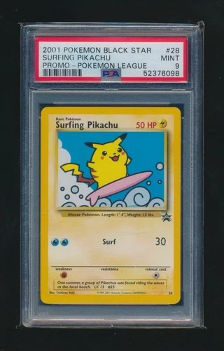 SURFING PIKACHU 2001 POKEMON WOTC BLACK STAR LEAGUE PROMO #28 GRADED PSA 9 MINT