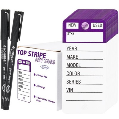 Vinyl Poly Car Key Tags 250 Pcs with 250 Split Rings & 1.375 x 3 inch, Purple 