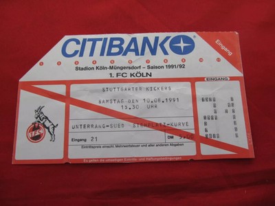 gebr. Eintrittskarte 1.FC Köln - Stuttgarter Kickers Saison 1991/92 Südkurve